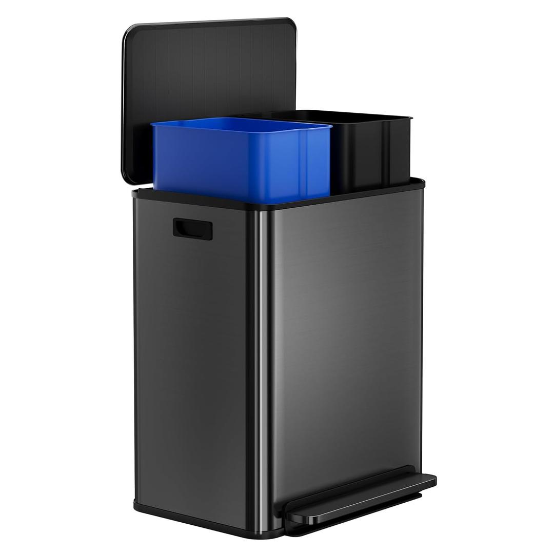 16 Gallon Dual Compartment Trash Can, Stainless Steel Recycling Bin with Soft-Close Lid, Step Rectangle Step Waste Container with Removable Inner Bucket for Kitchen, Dining Room, Black, 2x30L
