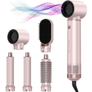 5 in 1 Hot Air Brush - Blow Dryer Brush & Air Curling Wrap Styler with Negative Ion Technology, Hair Dryer Brush for Drying, Curling, Straightening & Styling, Professional Hair Styling Tools (Pink)