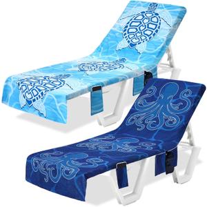 2 Pcs Pool Lounge Chair Towel Cover with 3 Pockets, 85 x 30 Inch Beach Pool Chair Towels Microfiber Chaise Lounge Covers for Outdoor Summer Sunbathing Beach Garden Lounger(Turtle, Octopus)
