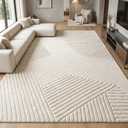 Beige 9x12 Geometric Solid Area Rug, Large Washable Living Room Rug