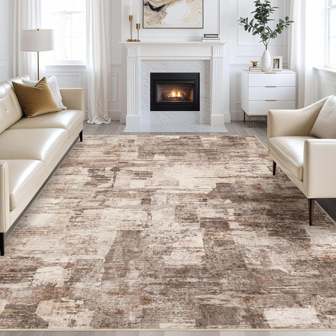 Abstract Living Room Rug 9x12 - Modern Washable Soft Thin Area Rug for Living Room Bedroom Under Dining Table - Neutral Indoor Floor Rug Carpets for Home Office Playroom Nursery - Brown (9' x 12')