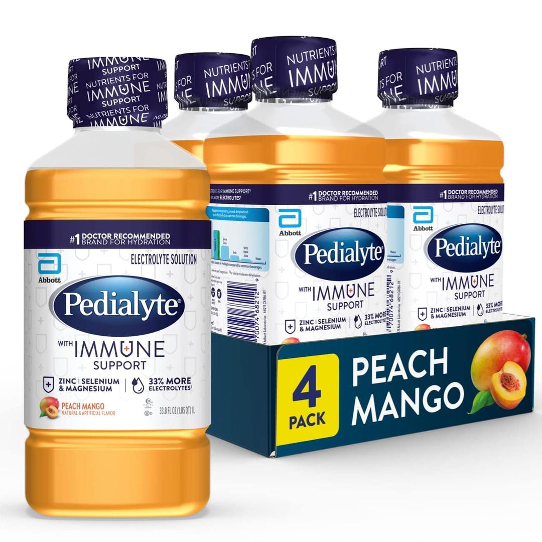 Pedialyte with Immune Support Electrolyte Solution, Hydration Drink with Zinc, Selenium, and Magnesium, Peach Mango, 1 Liter, Pack of 4, No BB Date