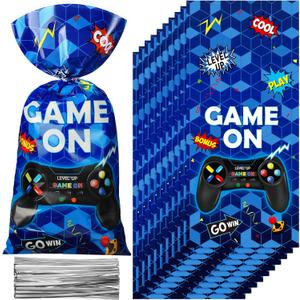 Pajean 100pcs Video Game Plastic Loot Bags Game on Favor Goody Candy Treat Bags for Themed Birthday Party(Blue)