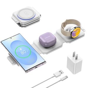 Travel Charger for Samsung Multi Devices, Foldable 3 in 1 Wireless Charging Station Fast Charging Stand/ Pad Compatible for Samsung Galaxy S25/ S24/ S23/ S22/ S21/ Note20 Galaxy Watch8/ 7/ 6/ 5/ 4/ Galaxy Buds4