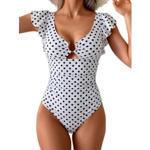 Eomenie Women's One Piece Swimsuit Tummy Control Bathing Suit Cutout Ruffle Slimming Swim Suit, Size: L