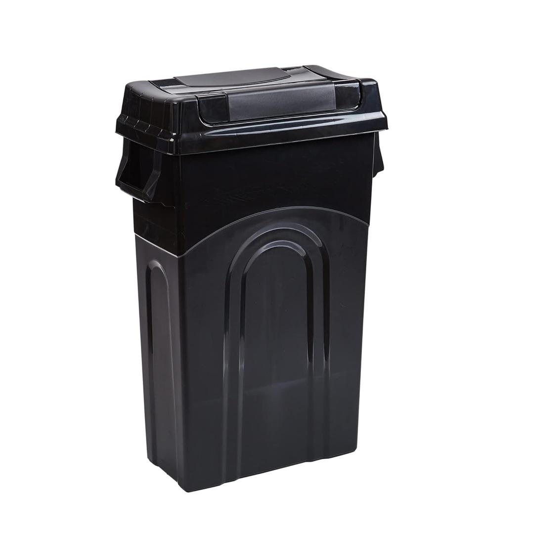 United Solutions Highboy Waste Container with Swing Lid, 23 Gallon, Space Saving Slim Profile and Simple Bag Removal, Handles for Easy Carrying, Indoor/Outdoor Use, Plastic, Black, 1-Pack.