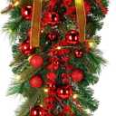 24 Inch Khaki Extra Long Valentines Teardrop Swag with Lights Red Balls Velvet Bows Cedar Teardrop Wreath Ornaments Valentines Decorations for Indoor Outdoor Stairs Hanging Doors Tables