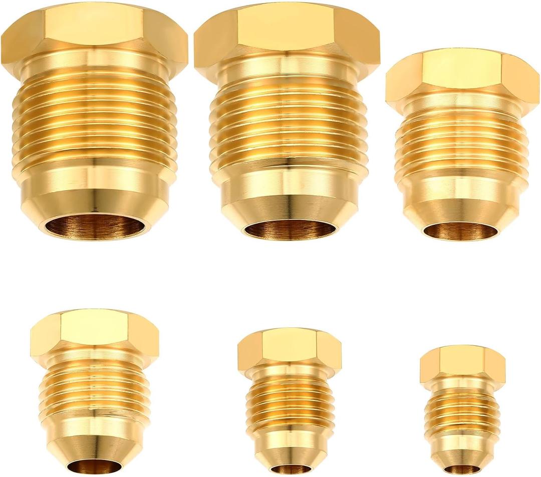 MorningRo 6 Pcs Brass Flare Plug 6 Sizes Set 1/4 5/16 3/8 1/2 5/8 3/4 Tube Od Sae 45 Degree Flare Tube Fitting Seal Plugs Brass Fitting Assortment