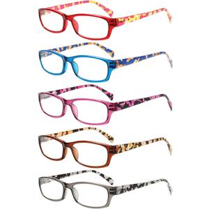 Kerecsen Reading Glasses 5 Pairs Fashion Ladies Readers Spring Hinge with Pattern Print Eyeglasses for Women (5 Pack Blue, 0.75) (Mix Color -3)