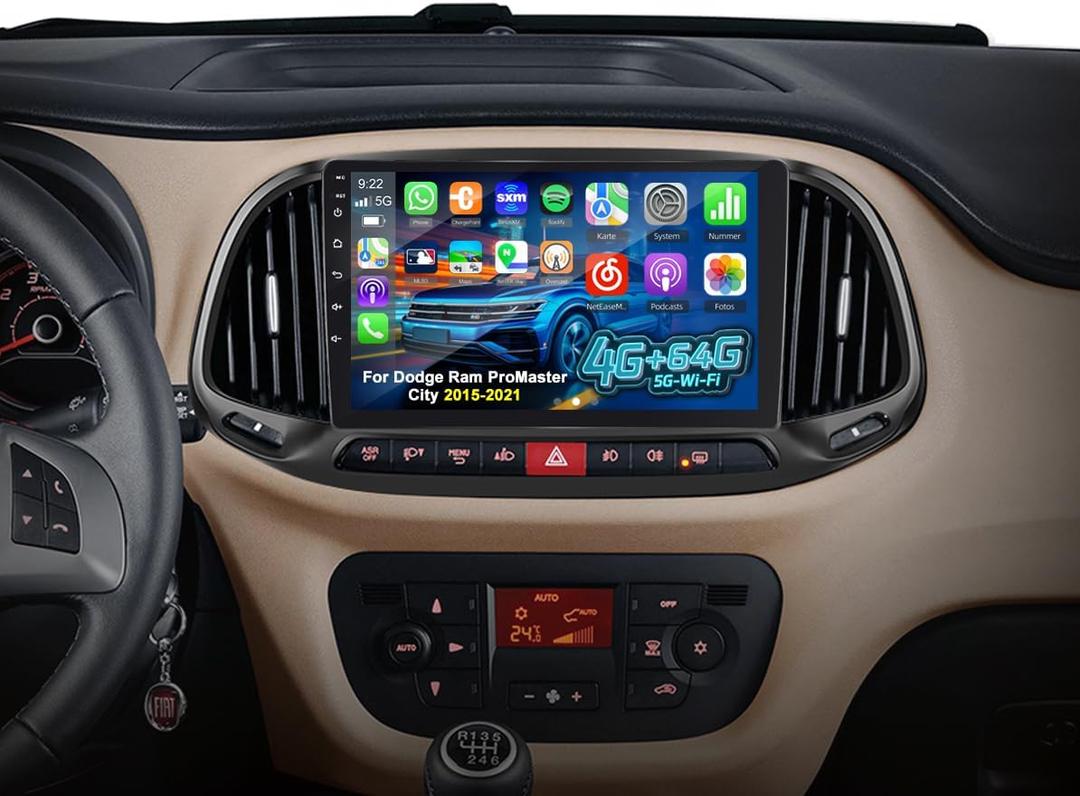 4+64G Car Stereo for Dodge Ram ProMaster City 2015-2021 with Wireless Carplay/Android Auto - 9 Inch Touchscreen Radio with 32EQ DSP/5GHz WiFi/GPS Navigation/Mirror Link/SWC + AHD Rear View Camera