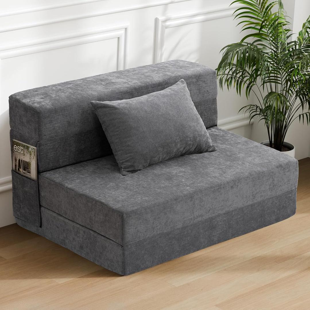 HOMFINE Folding Sofa Bed - Convertible Sleeper Chair with Pillow, Fold Out Couch, Memory Foam Floor Mattress, Futon Couch, Lazy Sofa for Living Room/Dorm/Guest Room/Home Office, Twin, Grey