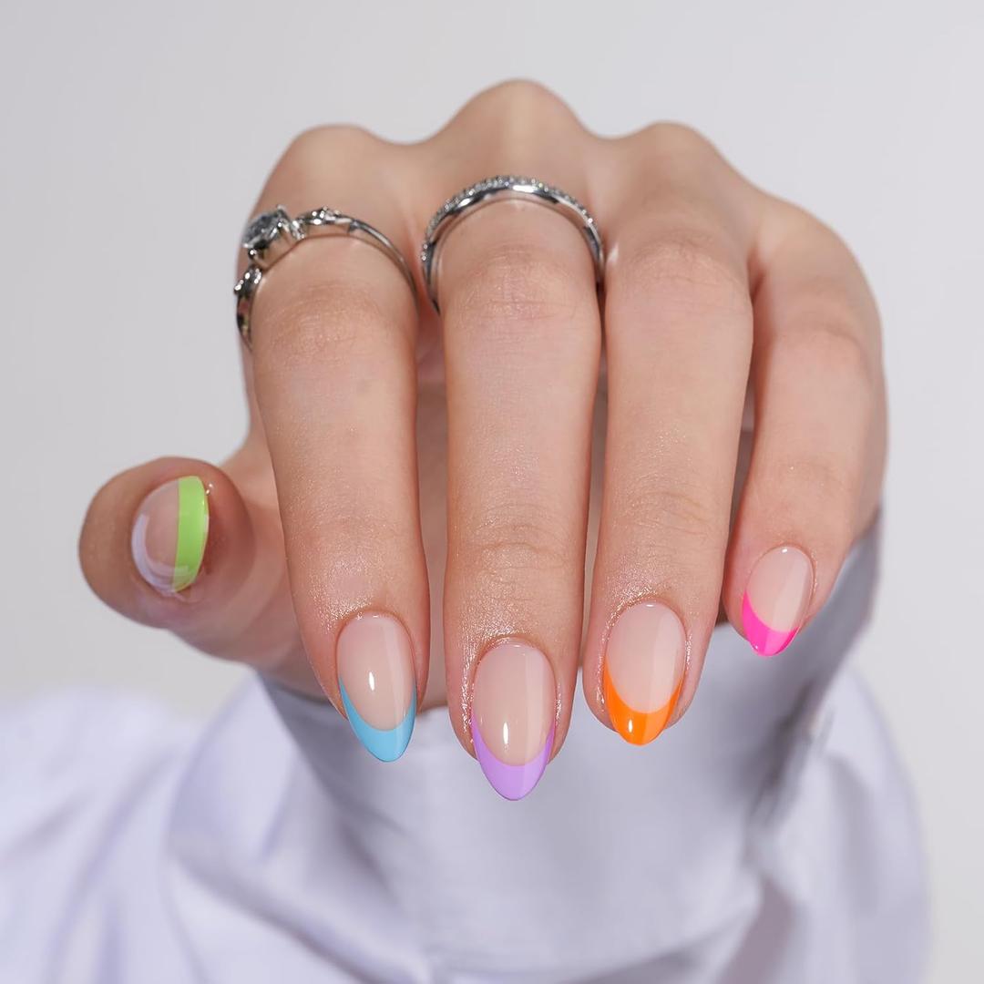 BTArtbox Press On Nails Short - Soft Gel French Tip Press On Nails, Colorful Almond Glue On Nails, Reusable Stick On Nails in 16 Sizes, Neon Rainbow French