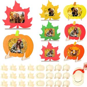 Geelin 24 Pack Thanksgiving DIY Picture Frame Craft Kits Wooden Pumpkin Maple Leaf Photo Frames Bulk Fall Thanksgiving Crafts for Adults Home Holiday Game Activities Gifts