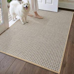 DEXI Ultra Thin Door Mat Indoor Entrance 32x48, Non Slip Rubber Backed Entryway Mats Dirt Trapper, Low Profile Front Doormat for Inside Entry, Patio, Porch, Beige and White
