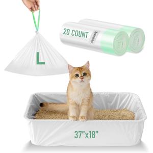 Cat Litter Box Liners Large - 20 Count 37" x 18" Jumbo Litter Bags with Drawstring, Extra Thick Kitty Litter Pan Liners Tear Resistant Heavy Duty, Easy Clean up for Litter Tray, Unscented