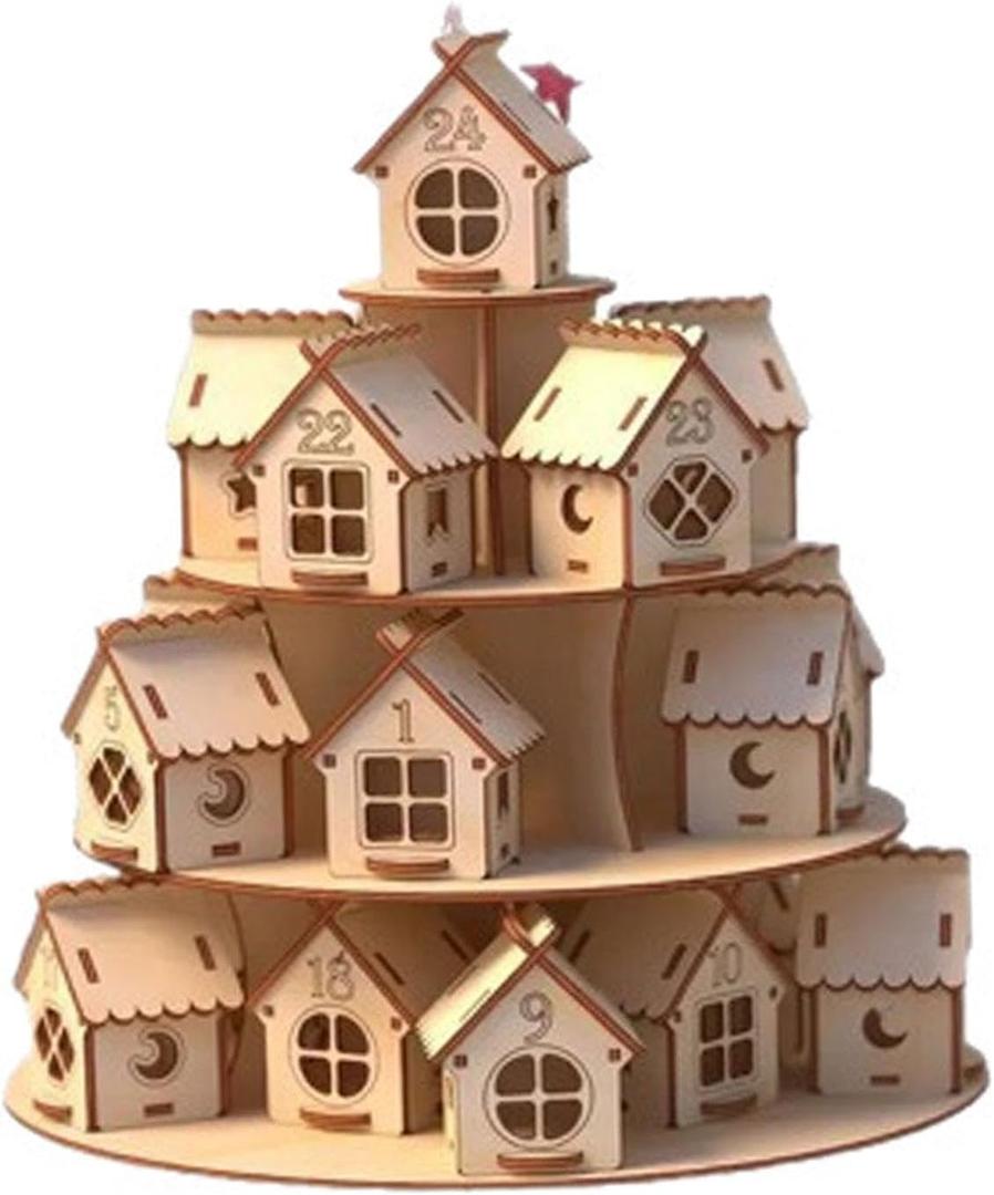 24 Day Advent Calendar Christmas Decoration Reusable Wooden Gift Supplies Ornament Wooden House, for Office New Year Party