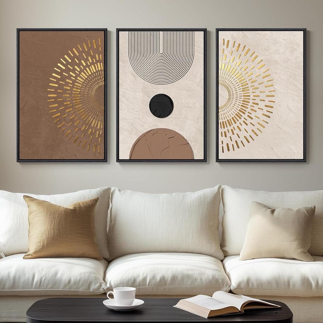 Framed Boho Neutral Abstract Wall Art, 3 Piece Canvas Prints Paintings Artwork for Walls, Large Minimalist Brown Beige Gold Geometric Pictures for Living Room Hallway Bedroom Office Wall Decor 16x24 (Radiant)