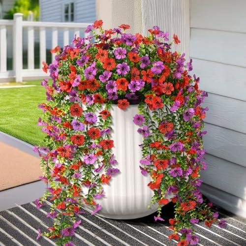 Hommyea Artificial Hanging Flowers for Outdoors, 2 Pcs Fake Hanging Plant Spring Summer Decor, UV Resistant No Fade Faux Flower for Front Door Porch Planter Patio Yard Garden(Red Purple)