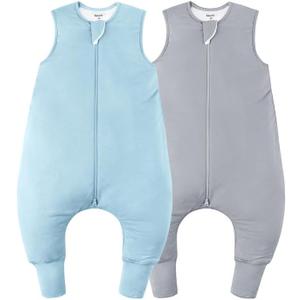 EasyFi Rayon Made From Bamboo Sleep Sack 12-24 Months 1.0 Tog Ultra Soft Toddler Sleep Sack 1t-2t with Feet 2-Way Zipper Unisex Baby Sleeping Bag with Legs Baby Wearable Blanket (2 Pack) - Blue & Gray