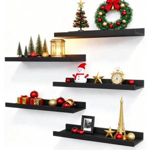 RICHER HOUSE 5 Set Floating Wall Mounted Shelves, Black Shelves for Wall Decor, Modern Picture Ledge Shelf with Lip for Storage, Nursery, Bedroom, Living Room, Bathroom - Black