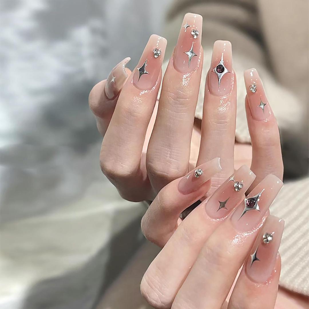 Nude Press on Nails Medium Square Fake Nails Sliver Star Design with Rhinestones Full Cover Stick on Nails Glossy Acrylic Coffin Gems False Nails for Women Manicure Decoration Glue on Nails 24PCs