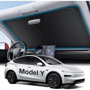 Wigoo Tesla New Model Y Accessories Windshield Sunshade [OEM Design, 100% Sun Blockage] Foldable Heat Insulation Sunshade with Storage Bag, for Model Y 2020~2026 (Juniper), Silver Coating