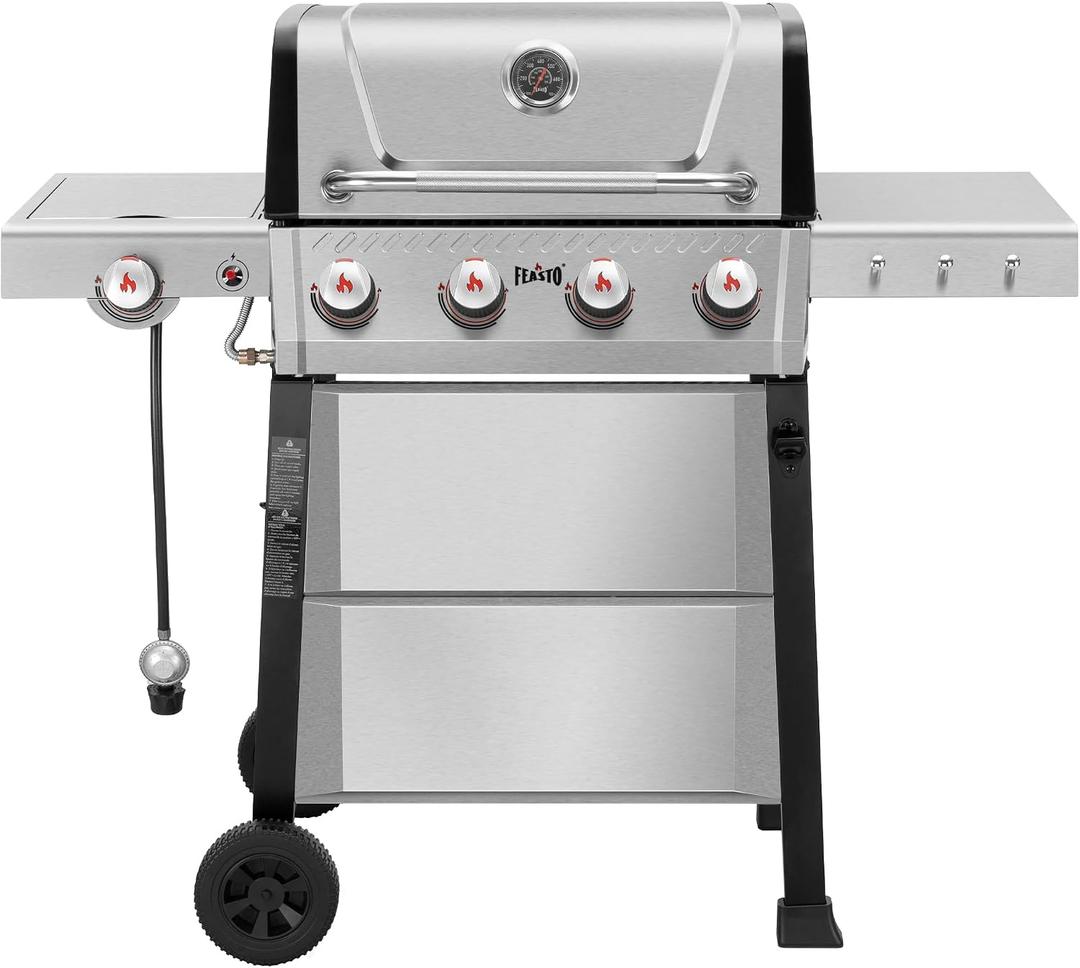 Feasto Propane Gas Grill, 36,000 BTU Outdoor Patio BBQ, Porcelain-Enameled Cookbox & Porcelain-Enameled Cast-Iron Grates, 559 Sq. In., Black (Black, 4) (Stainless Steel)