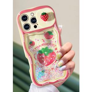 Toycamp for iPhone 16 Pro Case 6.3" - Women Girls Cute Phone Cover Strawberry with Sliding Camera Cover Girly Glitter Pretty Kawaii Unique Design Flowing Liquid Quicksand Case for iPhone 16 Pro