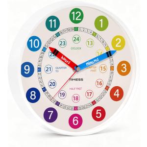 Silent 10" Wall Clock, Battery-Operated Learning to Tell Time Analog Clock , Colorful Time Teaching Home school Supplies, Non-Ticking Quartz Movement for Classroom Bedroom (Battery Not Included) (White)