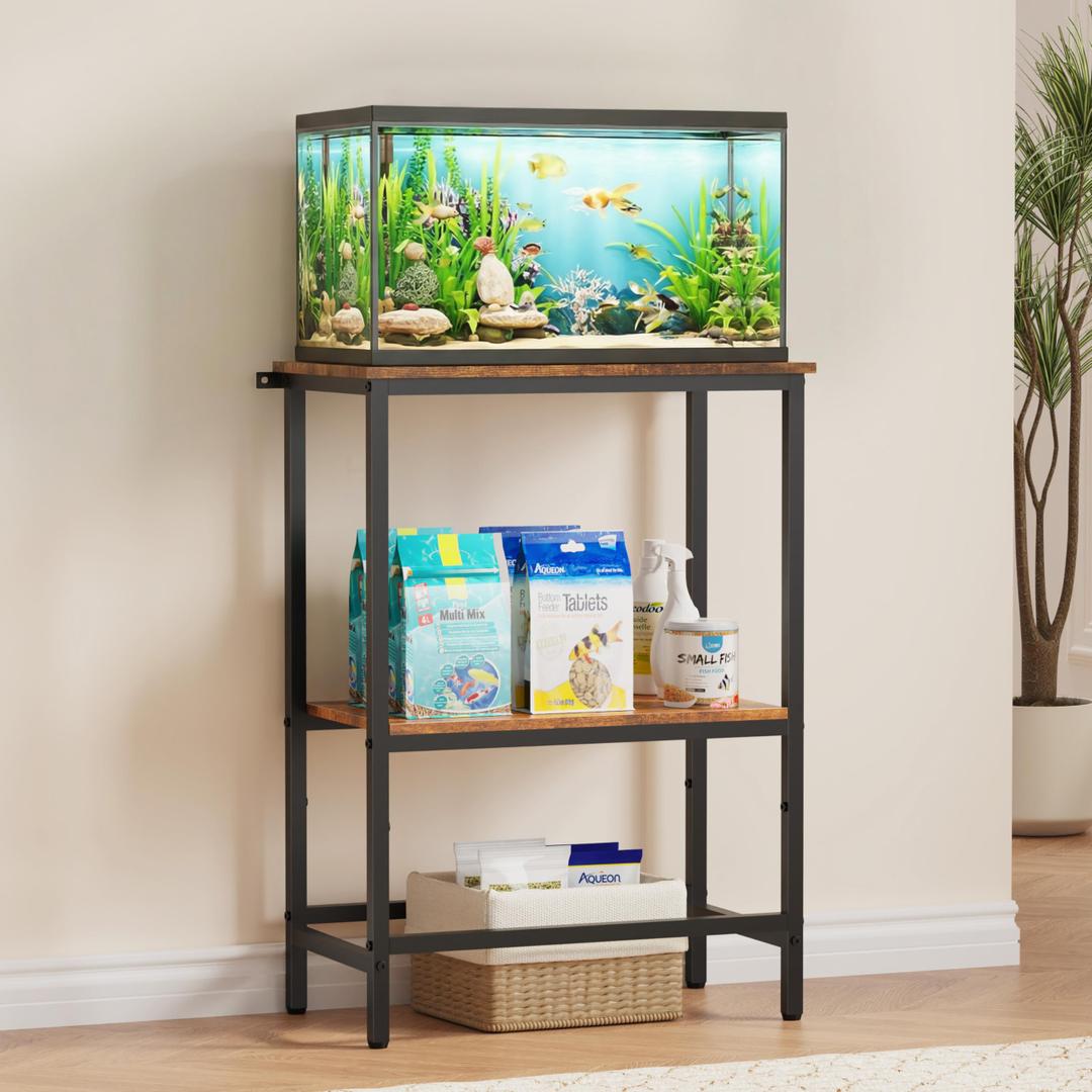 5-10 Gallon Fish Tank Stand, Aquarium Stand with 2-Tier Storage Shelves, Heavy-Duty Reptile Terrarium Stand Table with One-Piece Top for 10 Gallon Standard Model, 21.2" L x 11.8" W x 29.3" H (Brown)
