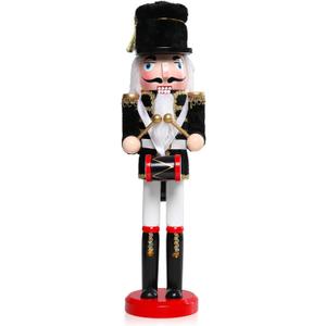 Nutcracker Christmas Decor, 15 Inch Wooden Drummer Soldier Figures, Christmas Nutcrackers Gift Festive Collectible for Indoor Home Shelves Table Desktop Mantel Fireplace Decorations, Black