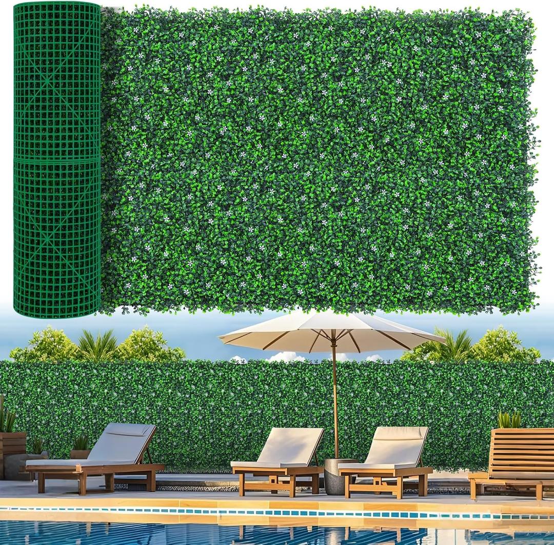 Artificial Boxwood Roll Panels with Flowers,40"x 120"(33.33 sq.ft) UV-Anti Faux Ivy Leaves Privacy Fence Screen Grass Wall Roll Panels for Indoor Home Decor and Outdoor Garden Backyard