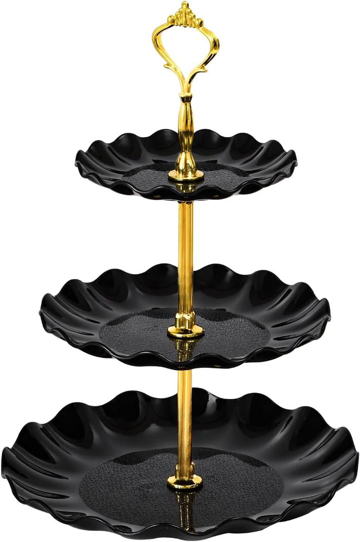 Soleebee 3-Tier Cupcake Stand, Wavy Plastic Tiered Serving Tray, Cup Cake Tower for Birthday Wedding Party Decoration, Cupcake Tier Stand Fruits Desserts Display (Black)