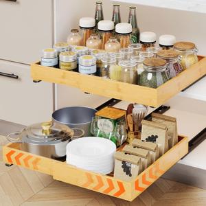 Bamboo Pull Out Cabinet Organizer, Adjustable Width13.4"-20.5" Slide Out Drawers for Kitchen Cabinets,Fixed with Nano Adhesive Film for Kitchen Base Cabinet Pantry Bathroom Organization (Yellow)