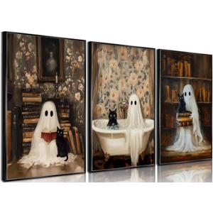 2 x 3Pcs Halloween Ghosts Posters Wall Art Vintage Cute Library Ghost Reading Books Funny Gothic Wall Decor Pictures Retro Horror Creepy Dark Academia Canvas Prints for Bathroom Gallery Home Decor (Halloween Ghosts Posters, 12x16x3pcs)