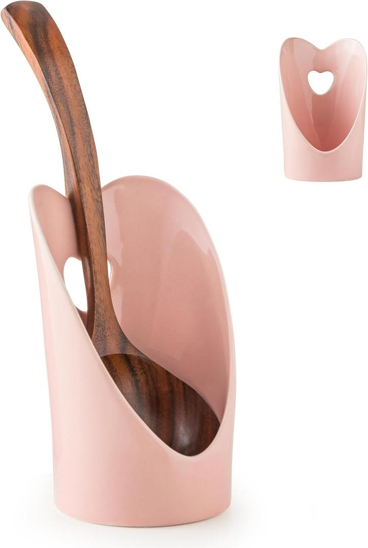 Ceramic Upright Spoon Rest, 6 Inch Heart-Shaped Pink Spoon Rest for Stove Top, Gomakren Standing Spoon Holder for Kitchen Counter - House Warming Decor Gifts, Pink Kitchen Accessories