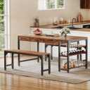 DWVO 3-Pieces Dining Room Table Set for 4 People 63" Large Dining Table with 2 Benches Rectangle Industrial Kitchen Table for 4 with Metal Frame & 2 Storage Shelves for Small Space Kitchen Brown