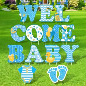 13 Pcs Baby Shower Yard Sign 'welcome Baby' Yard Signs with Stakes, 15 Inch Tall Girl boy Lawn Sign Gender Reveal Outdoor Decoration Welcome Home Newborn Announcement for Party Decorations (Blue)