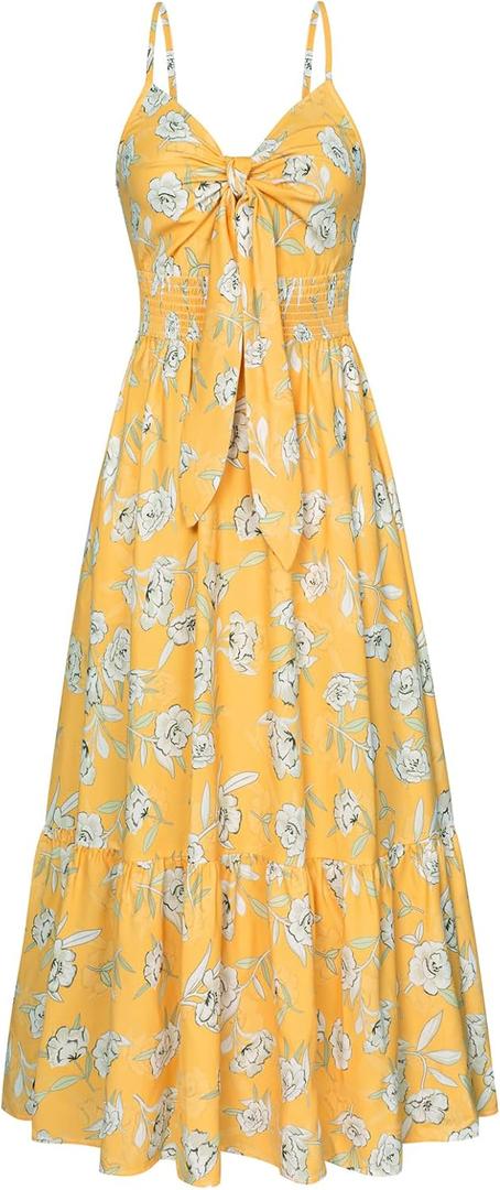 GRACE KARIN Women's 2025 Summer Maxi Dress Floral Tie Front Spaghetti Strap Casual Boho Beach Flowy Sundress with Pockets (Medium, Yellow White Floral)
