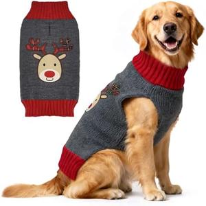ABRRLO Dog Christmas Sweater Cute Grey Reindeer Xmas Dog Cat Outfit New Year Holiday Costumes Puppy Cat Sweater with Leash Hole for Small Medium Large Dogs Girl Boy Turtleneck Winter Warm Pet Clothes, Size XXL