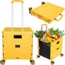 SELORSS Foldable Utility Cart Portable Collapsible Crate Rolling Carts with Wheels Rolling Tote Basket Teacher Cart with Lid Wear-Resistant 360Rotate Wheel Noiseless for Shopping Storage Office Use (BY06-Standard Wheels, Yellow)