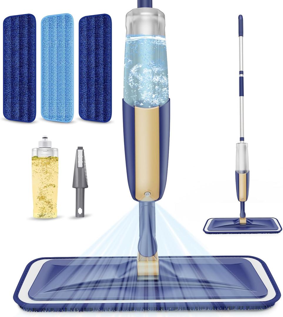 Microfiber Spray Mops for Hardwood Floor Cleaning - MEXERRIS Wet Jet Mops Dry Dust Mop with 3X Washable Pads fit for Swiffer Powermop Floor Mop Flat Mops for Wood Laminate Tile Vinyl Floor Cleaning (Bluebeige)