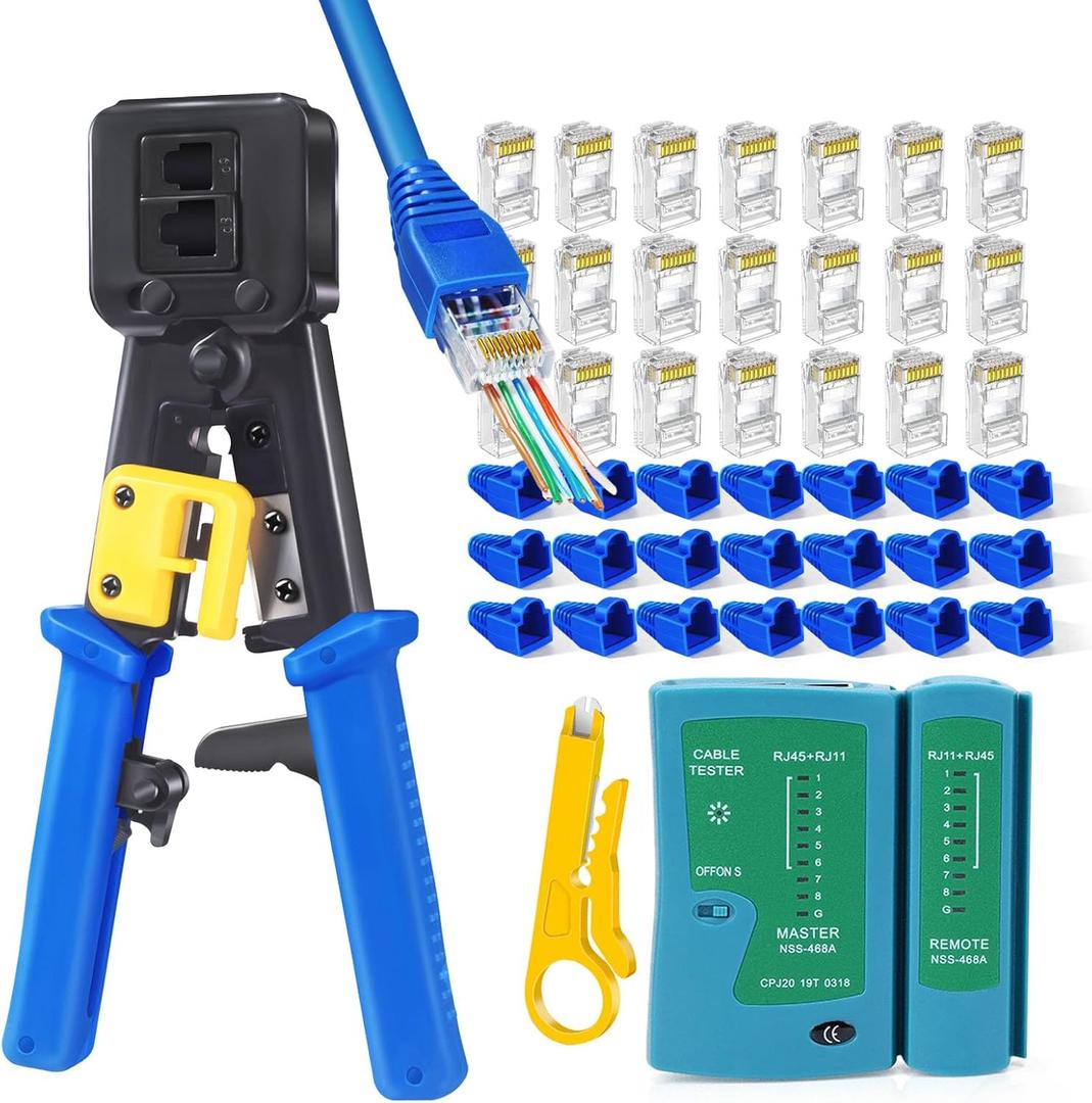 RJ45 Crimp Tool Cat6 Cat5e Cat5 Ethernet Crimper Kit for RJ45 RJ12/11 Pass Through Connectors with 50pcs rj45 Cat6 Pass Through Connectors, 50pcs Covers, Wire Stripper; Network Cable Tester