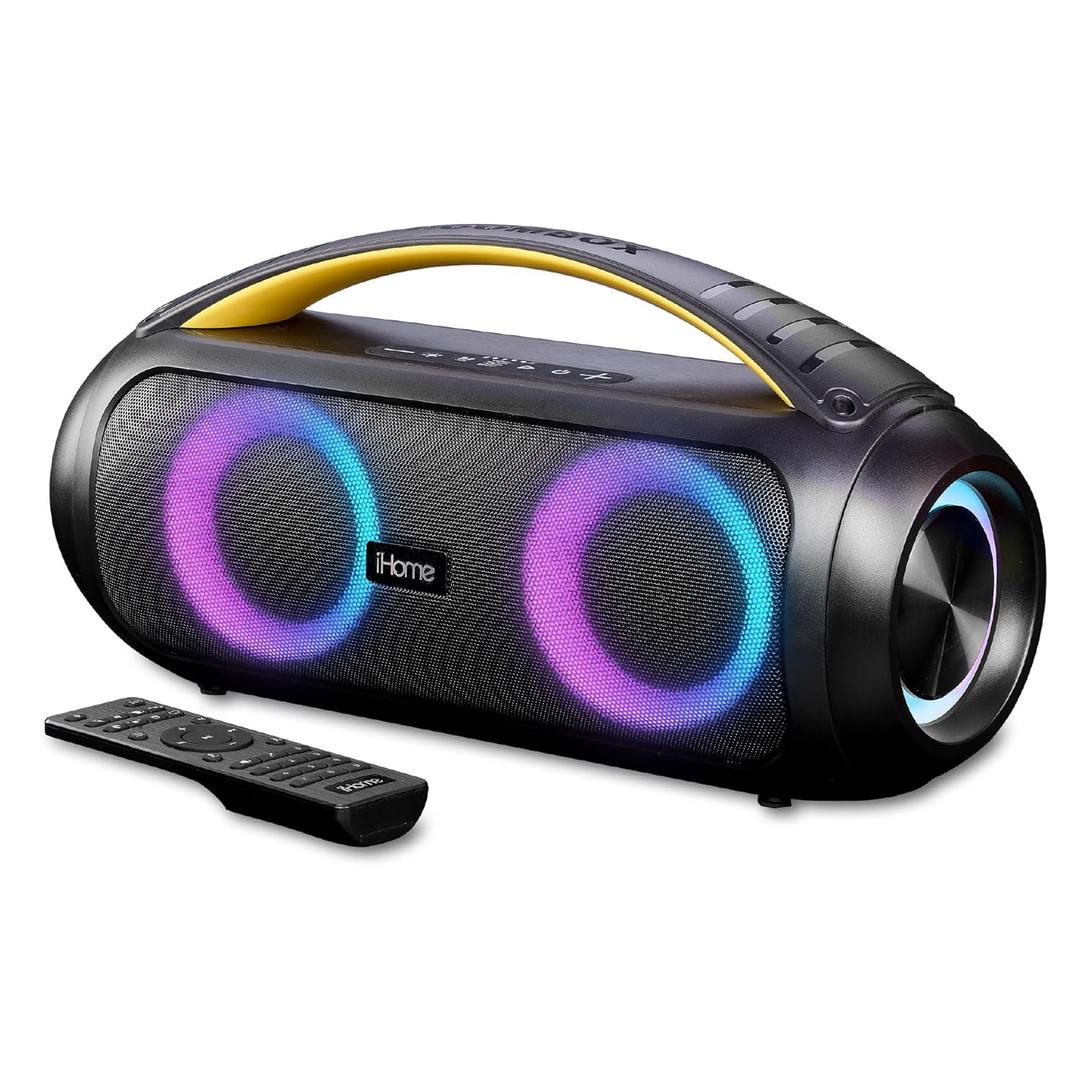 iHome Bluetooth Speaker Boombox with FM Radio, Color Changing Lights and Remote Control, Splash-Proof Portable and Rechargeable Wireless Speaker