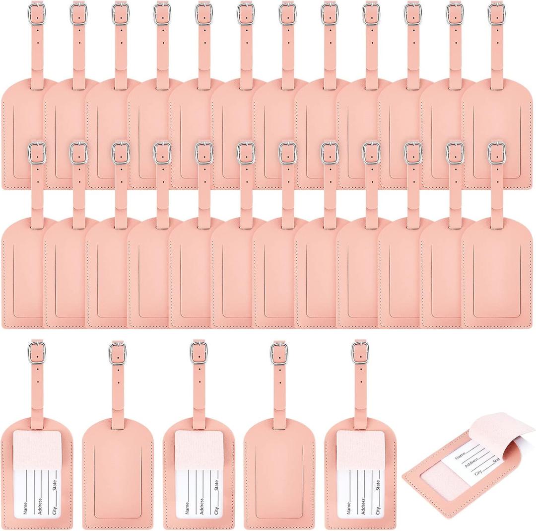Dunzy 30 Pieces Leather Luggage Tag Women Identifiers Travel Suitcase Tags for Luggage Travel Backpack Bag Wedding Favors Women Men Adults Bulk (Pink)