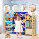 Kids Toy Storage Organizer with Bookshelf Wooden Shelf with 16 Bins & 3 Shelves, Quick Assembly Storage Rack for Playroom, Bedroom, Nursery - Blue