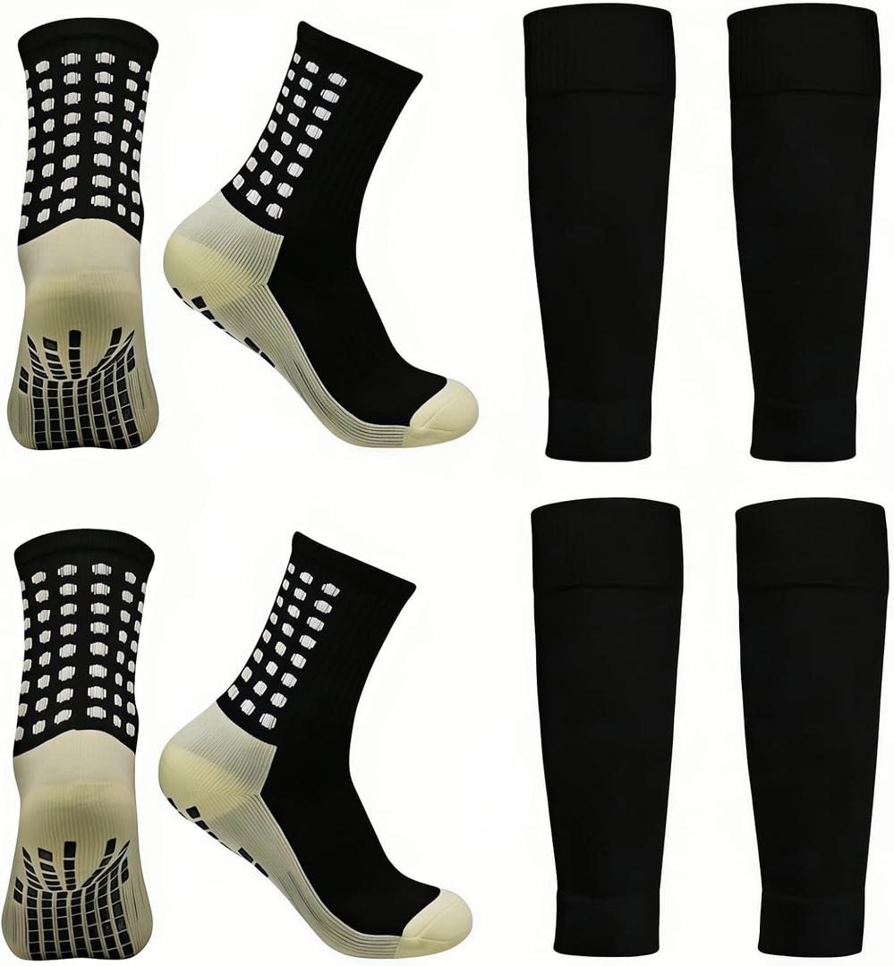 1 Set Anti-Slip Grip Soccer Socks with Shin Guard Sleeves, Sports Athletic Socks for Men Women