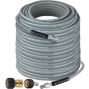 Hourleey Pressure Washer Hose 100FT, Kink Resistant High Tensile Wire Power Washer Hose, Rubber Wire Braided with 3/8" Quick Connect for Hot/Cold Water, 4000 PSI, Gray
