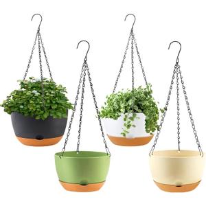 KPUVX 4 Pack Hanging Planter for Plants Indoor,8 Inch Plant Pot Outdoor Plastic Hanging Baskets with Drainage Holes and Chain for Garden Porch Plants(White+Black+Green+Beige)