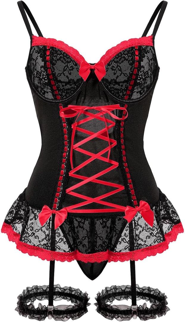 Sexy Mesh Corset Ruffle Lace Up Underwire Sheer Garter Belt Babydoll Lingerie Set With Thong 3 Piece Women (Large, Black Red)